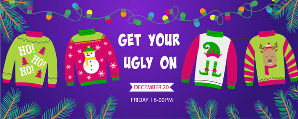 Ugly sweater party banner, background or invitation with hanging lights string and different sweaters. Christmas holiday decoration. Layout template. Get your ugly on text.
