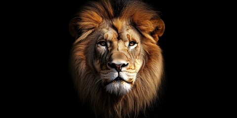 Majestic lion's head portrait against a black background.