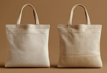 Two beige tote bags placed side by side against a brown background.
