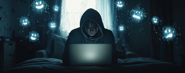 cyberbullying concept, teenager in hoodie focused on laptop