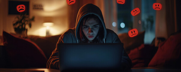 cyberbullying concept, teenager in hoodie focused on laptop