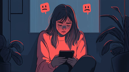 cyberbullying concept, woman sitting floor, feeling sad and alone