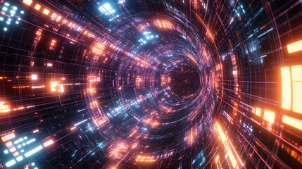 Obraz premium Futuristic vibrant tunnel with glowing lights and energetic motion.