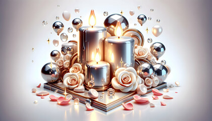Fototapeta premium 3D Glossy background with elegant candles and floating rose petals copy space on side. concept as An elegant glossy background adorned with shimmering candles and floating rose petals symbolizing roma