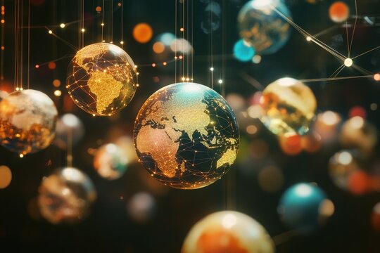 A whimsical illustration of interconnected globes representing diverse cultures and languages