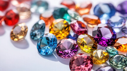 Vibrant assortment of multicolored gemstones displaying brilliance and color on a white background, creating a luxurious and elegant display of precious stones.