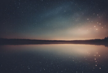 Serene night sky filled with numerous stars, reflected perfectly on a calm body of water below. The horizon is marked by the dark silhouette of trees, creating a symmetrical and tranquil scene.