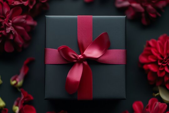 Elegant black gift box tied with red ribbon against a striking contrasting background