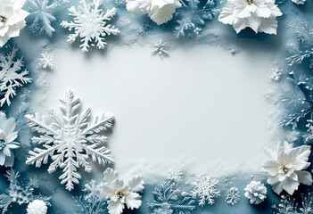 Delicate white snowflakes and flowers frame a serene winter scene for creative expression