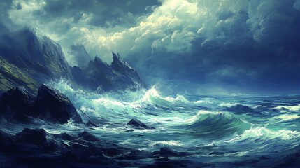 Majestic ocean waves crashing against rugged cliffs under stormy skies.