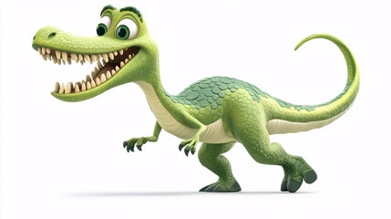 Fototapeta premium Playful Green Dinosaur Cartoon Character 3D Render Fun Cute Prehistoric Reptile Happy Illustration