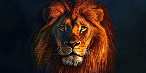 Fototapeta premium Majestic lion portrait, glowing mane, dark background.
