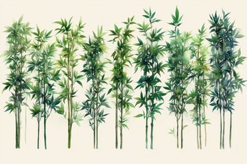 Obraz premium A watercolor illustration of bamboo stalks in varying shades of green against a light background.