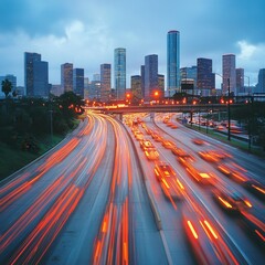 Dynamic cityscape with busy highway traffic under twilight sky.