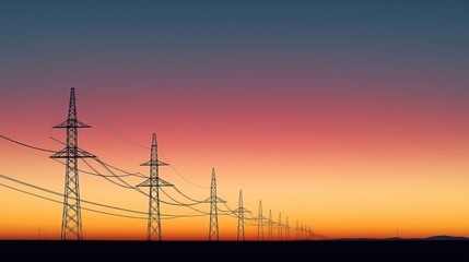 Fototapeta premium Silhouette of power transmission towers against colorful sunset sky. Lines of electrical cables stretch across horizon. Industrial landscape at dusk. Electric company tech. Energy supply.