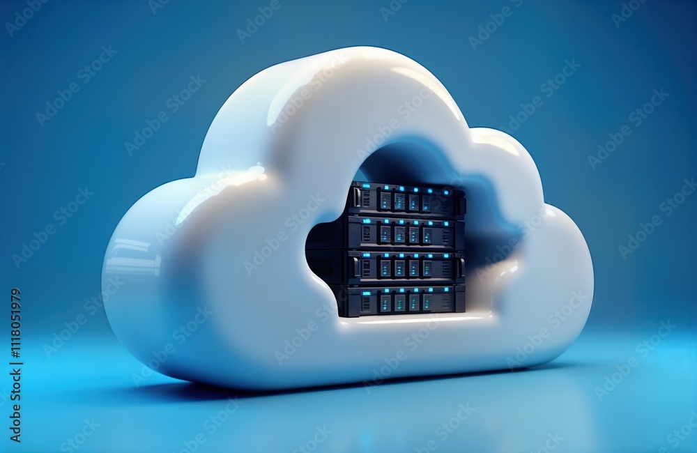 Poster cloud hosting tech in modern digital datacenter. white cloud shape with dark data server inside. fut