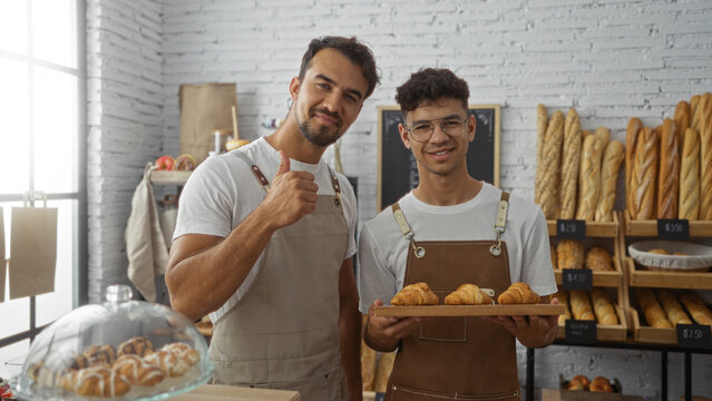 Two hispanic male bakers stand inside a bakery holding croissants, with one giving a thumbs-up and various bread items displayed on shelves in the background.
