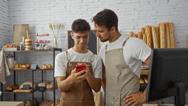 Two hispanic male bakers in a bakery shop, wearing aprons, standing together indoors looking at a red phone amid shelves filled with various bread and pastries.