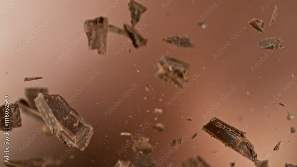 Aufkleber super slow motion of flying chocolate chunks up in the air. isolated on brown background. camera mov