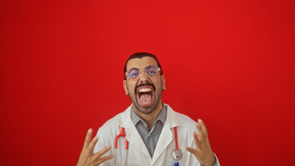 Hispanic man wearing glasses and a doctor's coat with a stethoscope looks excited over a red isolated wall background