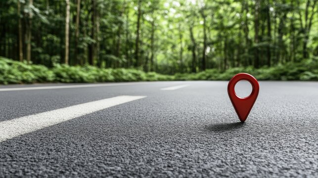 A bright red location pin marks the asphalt road surrounded by a stunning forest, illuminated by warm sun rays and soft bokeh