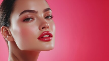 Fototapeta premium Model with glossy makeup posing on pink background