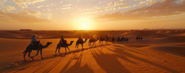 A picturesque scene of a camel caravan making its way across the sweeping desert dunes during a stunning sunset, evoking a sense of adventure and timeless exploration
