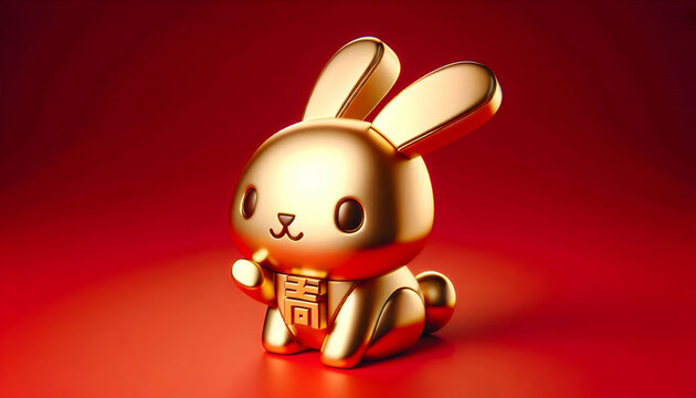 3D Glossy red background with golden rabbit silhouette and copy space below. concept as A glossy red backdrop featuring a golden silhouette of a rabbit symbolizing the Year of the Rabbit in the Lunar 