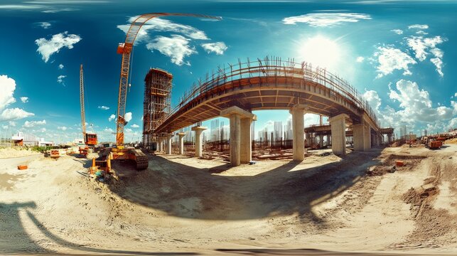 360? view of a large-scale construction site under a sunny sky, showing a bridge under construction with cranes, machinery, and workers.