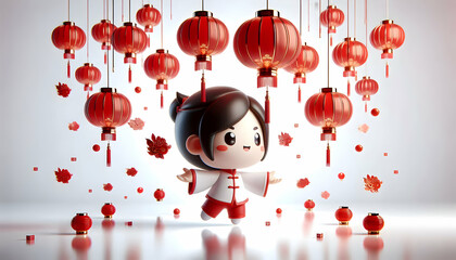 Obraz premium 3D Glossy white background with red Chinese paper lanterns and copy space above. concept as A glossy white backdrop featuring red Chinese paper lanterns floating upwards symbolizing hope and good fort