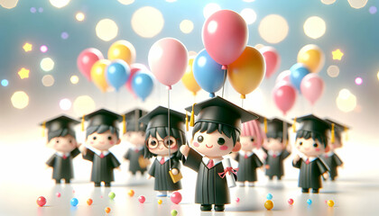 Fototapeta premium 3D Graduates celebrating with balloons in bokeh digital art background copy space on top concept as Graduates celebrating with colorful balloons in a bokeh digital art background symbolizing joy and c