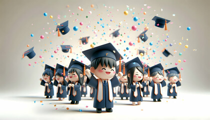 Obraz premium 3D Graduates celebrating with confetti in soft abstract background copy space on left concept as Graduates celebrating with colorful confetti falling around them in a soft abstract background represen