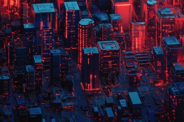 Abstract cityscape with glowing circuit board elements in dark blue and red seamless patterns
