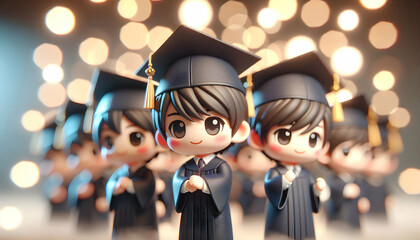 Obraz premium 3D Graduates in cap and gown posing in bokeh digital art background copy space on right concept as Graduates in cap and gown posing gracefully in front of a bokeh digital art background highlighting a