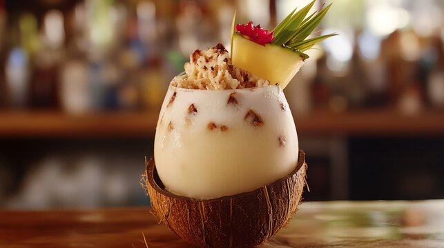 Tropical coconut cocktail with pineapple garnish