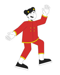 Adorable chinese girl jumping in spring festival costume 2D cartoon character. Asian female kid enjoying lunar new year isolated person flat vector on white background. Spot illustration colorful