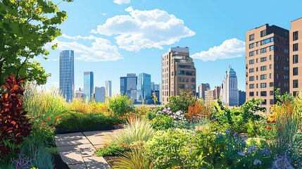 Fototapeta premium Urban rooftop garden with city skyline and lush greenery.