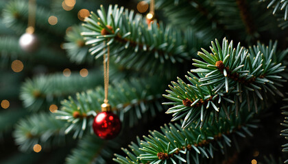 Close-up of Christmas tree texture with green pine needles and sparkling ornaments for festive mood