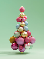 Fototapeta premium A minimalist Christmas tree crafted entirely of vibrant, glittering ornaments on a pastel background. A modern holiday decor concept with colorful simplicity.