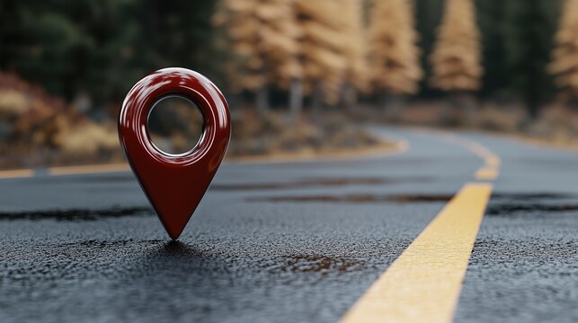 A bright red location pin marks the asphalt road surrounded by a stunning forest, illuminated by warm sun rays and soft bokeh