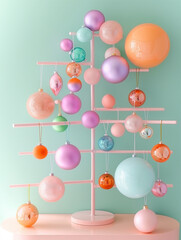 A floating design of colorful baubles creating a Christmas tree shape. A whimsical and innovative holiday decoration concept.