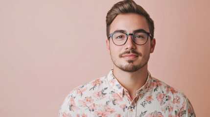 Fototapeta premium Young Caucasian man wearing glasses and a floral shirt against a soft pink background, exuding a relaxed and stylish vibe.