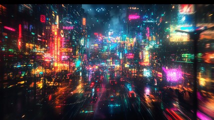 Obraz premium Vibrant neon cityscape at night