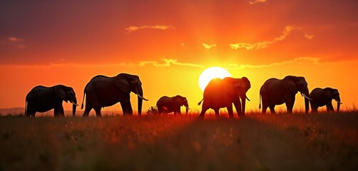 Fototapeta premium Majestic elephants roam grassy plain at sunset. Red sky provides dramatic backdrop to animals silhouettes. Peaceful scene suggests wildlife park in Africa Asia. Safari tourism, conservation, nature