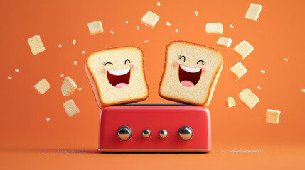 Cheerful cartoon toast popping out of a red toaster with smiling faces and flying bread cubes on a vibrant orange background