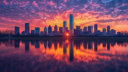 A vibrant sunset casts colorful reflections over a city skyline by a calm body of water.