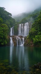 Fototapeta premium Captivating waterfall cascading into serene pool amid lush greenery