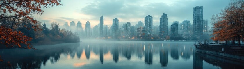 Fototapeta premium A city skyline reflected in a river, showcasing architecture and water