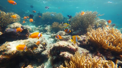 Naklejka premium Vibrant underwater scene with colorful coral and tropical fish.
