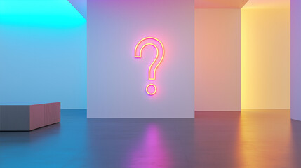 Neonowy pytajnik, lśniący na tle minimalistycznej ściany, wzywa do otwartej komunikacji. Jego wyraziste kolory podkreślają gotowość do pytań i wymiany myśli.